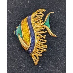 Ellen Kiam Enamel Gold Tone Angel Fish Brooch Pin Blue Green Yellow 2.25"